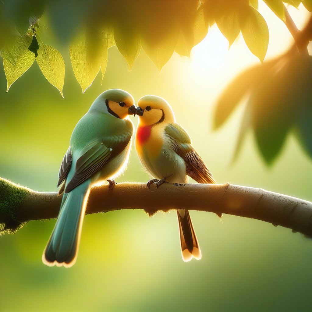 A serene image of a pair of lovebirds nestled together on a delicate tree branch, their feathers softly illuminated by the warm morning light. The composition focuses on their intertwined bodies, capturing the intimacy of their embrace. The background is a blurred, lush green foliage, enhancing the tranquility of the scene.