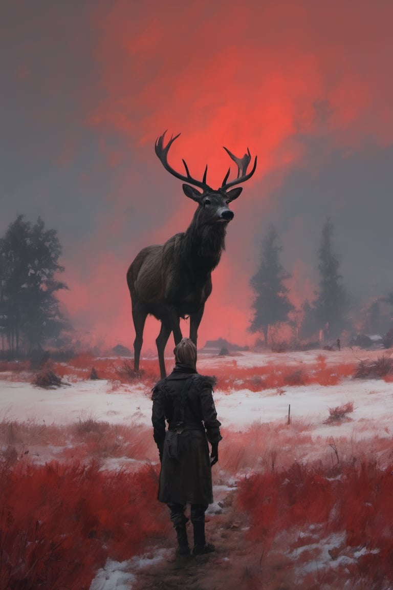 painting by jakub rozalski, a gigantic deer looming ominously in the distance, red sky, shadowy figure, real life,ultra-realistic,concept,yennefer 