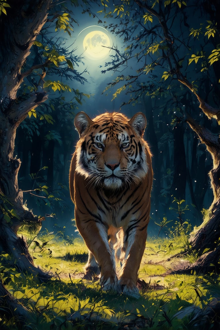 A majestic tiger emerges from a misty forest glade, its tawny coat glistening with dew-kissed highlights under the soft, golden light of the crescent moon. Framed by the lunar arc, the shot captures the predator's regal pose against a backdrop of gnarled tree trunks and lush foliage, as if ready to pounce into an unknown realm.