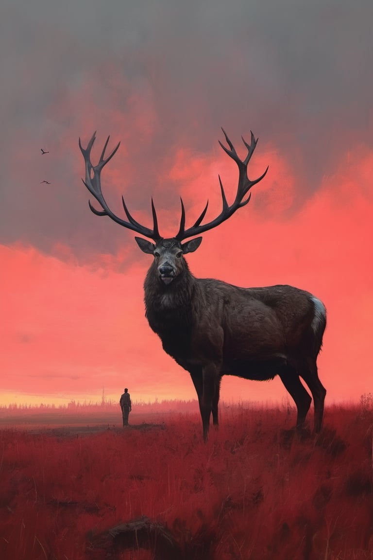 painting by jakub rozalski, a gigantic deer looming ominously in the distance, red sky, shadowy figure, real life,ultra-realistic,