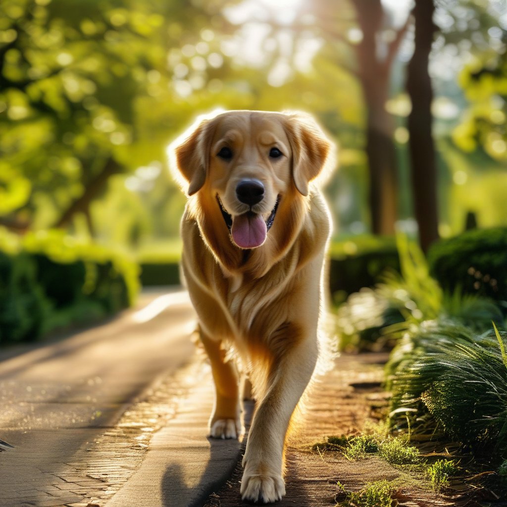 A candid shot capturing a golden retriever walking towards the camera in a lush park. The dog's fur glistens in the sunlight as it approaches with a friendly demeanor. The iPhone's lens focuses on the retriever's expressive eyes and wagging tail, creating a warm and inviting atmosphere. The park's greenery provides a natural backdrop, with dappled sunlight filtering through the trees. The composition is centered on the dog, with a slight leading line created by the path it walks, drawing the viewer's eye forward.