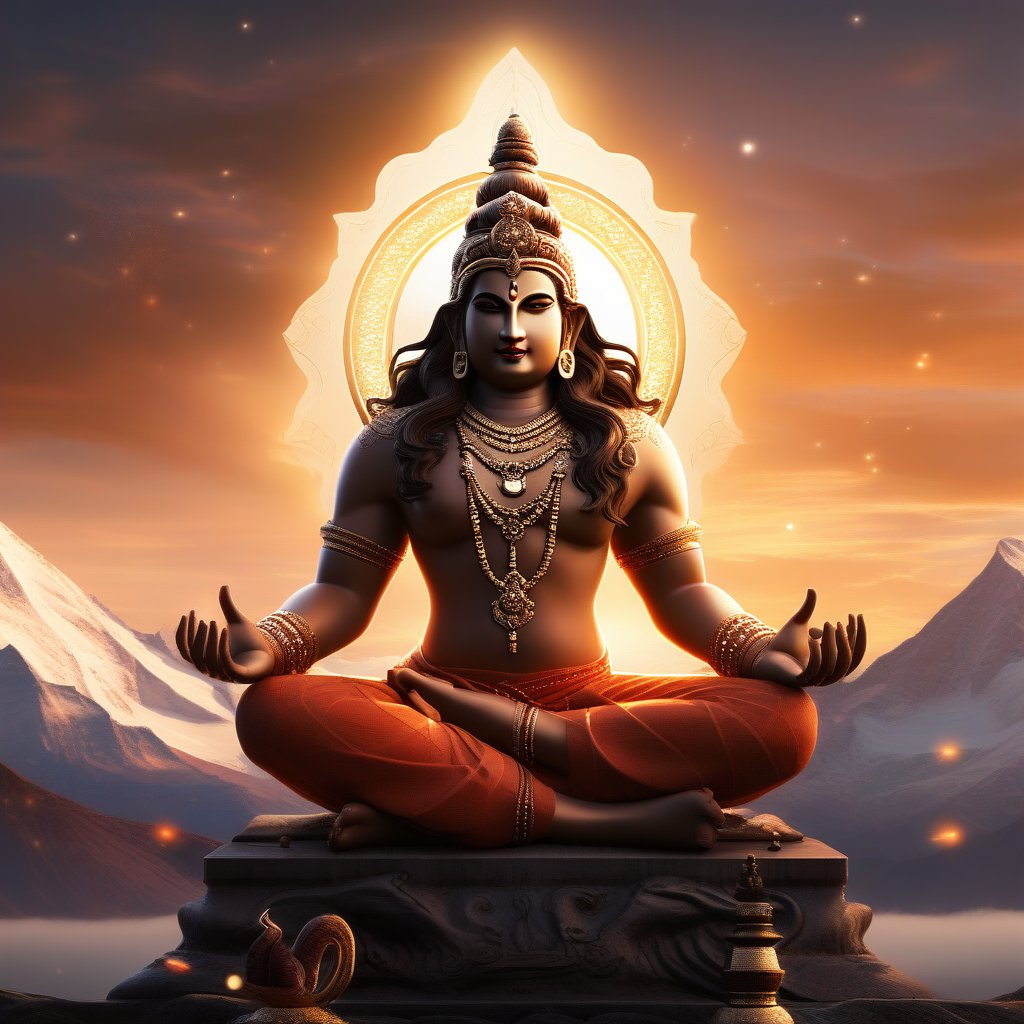 Create an awe-inspiring image of Lord Shiva in a traditional style, featuring intricate details of his iconic attributes: the third eye on his forehead, long flowing hair, and a serene yet powerful expression. He should be seated in a meditative pose on Mount Kailash, with the Himalayan backdrop under a clear sky. The lighting should highlight his divine aura, casting a soft glow around him. The composition should emphasize his majestic presence, with elements like the trident (trishula) and a snake adorning his neck.