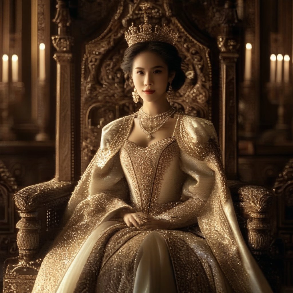 A regal, old-world portrait of a queen, captured in a grand, opulent setting. The queen is seated on a luxurious throne, adorned in an elaborate gown with intricate embroidery and a regal crown. Her pose is composed and dignified, with a serene yet commanding expression. The lighting is soft and regal, accentuating the rich textures of her attire and the opulent surroundings. The composition is centered, with a lavish, ornate background that reflects her high status and timeless elegance.