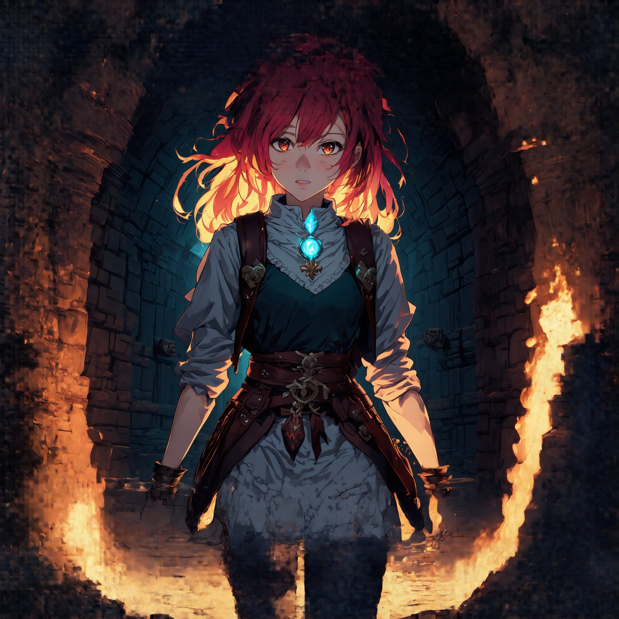 Anime girl with vibrant hair and expressive eyes, wandering through a mysterious dungeon. The scene is illuminated by flickering torchlight, casting eerie shadows on the ancient stone walls. She's dressed in a fantasy-themed outfit, equipped with a small backpack and a glowing amulet. The composition captures her curious yet cautious expression as she navigates the labyrinthine corridors, with intricate carvings and hidden doors adding to the enigmatic atmosphere. The framing focuses on her exploration, with the dungeon's vastness hinted at by the vanishing point in the distance.