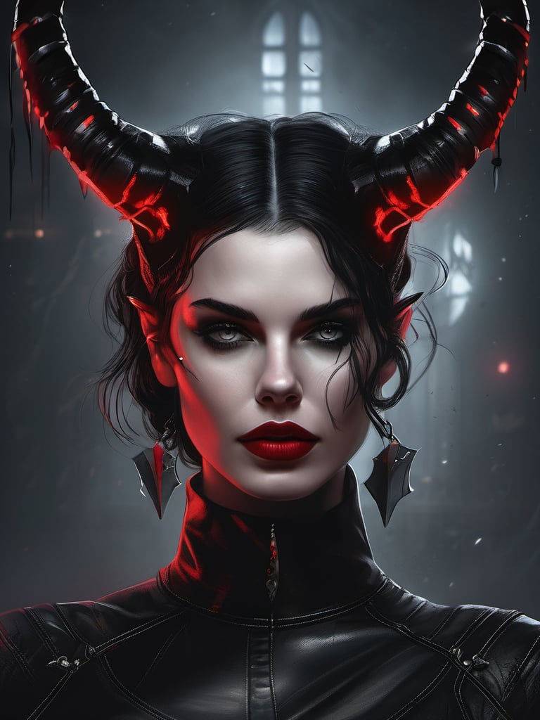 Upper body portrait, beautiful woman, black hair, collar, leather, carbon fiber horns, red lips, detailed eyes, dark, evil feminine, dark horror room, glowing lights, fantasy, lonely, emotional, magical, beautiful face, artistic, digital art, high details, trending on artstation, 4k, HQ