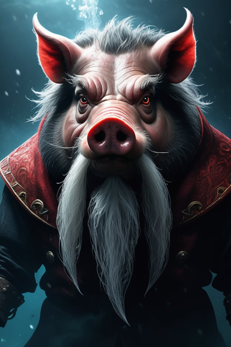 1 handsome big old master of disaster pig with a long beard, circle, black masks, sharp eyes, underwater ritual, hoods, black and red, mist, steam, glowing lights, detailed, best quality, sharp focus, amazing composition, 12k resolution, art