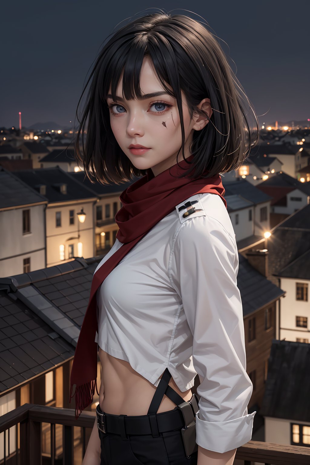 masterpiece, best quality, (detailed background), (beautiful detailed face, beautiful detailed eyes), absurdres, highres, ultra detailed, masterpiece, best quality, detailed eyes, gray_eyes, black hair, crossed_arms, folded arms, upper body, close-fitting clothing, neck bone, at the city, on top of a building, midnight, neon lights, tall, well-toned woman, pale skin, gray eyes, shaggy black hair cut to the chin, longer bangs, small scar below her right eye, scar on right cheek, marked abs, marked v, guiltys, original Survey Corps uniform, white blouse underneath, red scarf ,guiltys