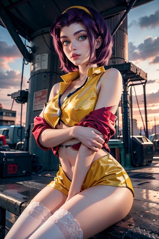 masterpiece, best quality, (detailed background), (beautiful detailed face, beautiful detailed eyes), absurdres, highres, ultra detailed, masterpiece, best quality, detailed eyes, faye valentine, from cowboy bebop, sunset, futuristic city background, chin-length angular dark purple hair, green eyes, tall, slender, pale skin, yellow shorts, matching buttoned shirt, white ankle boots, flesh-colored stockings, loose red jacket., upper body, looking_at_viewer, crossed_legs_(sitting), serious, arms_raised