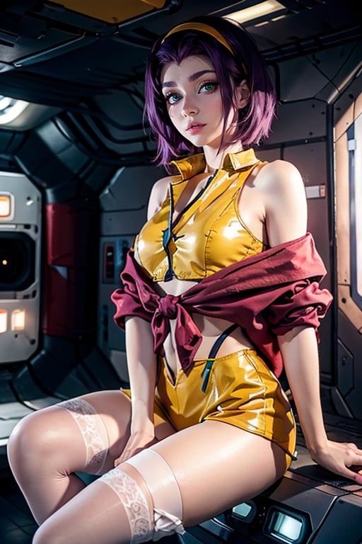 masterpiece, best quality, (detailed background), (beautiful detailed face, beautiful detailed eyes), absurdres, highres, ultra detailed, masterpiece, best quality, detailed eyes, faye valentine, from cowboy bebop, in a spaceship, space background, chin-length angular dark purple hair, green eyes, tall, slender, pale skin, yellow shorts, matching buttoned shirt, white ankle boots, flesh-colored stockings, loose red jacket. frame photo, upper body, looking_at_viewer, crossed_legs_(sitting)