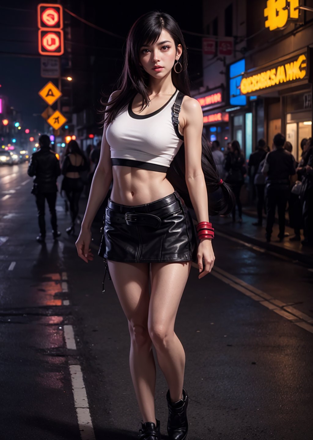 Maximum Quality, full body, close up shot, portrait, 1_girl, cyberpunk, neon lights, shot, scene, Tifa Lockheart, Final Fantasy 7 game, dark hair, pink lips, neck bone, red eyes, midnight, at the city streets background, Alluring pose, sexy pose, erotic pose, sweating, tifa lockhart, marked abs, sleeveless white crop top, exposed midriff, black miniskirt, white teardrop earring on her left ear, blush, belt, straps, close-fitting clothing