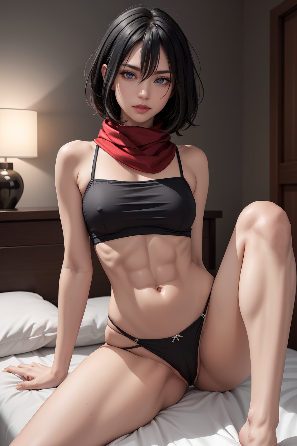 masterpiece, best quality, (detailed background), (beautiful detailed face, beautiful detailed eyes), absurdres, highres, ultra detailed, masterpiece, best quality, detailed eyes, gray_eyes, black hair, neck bone, at a bedroom, midnight, neon lights, tall, well-toned woman, pale skin, gray eyes, shaggy black hair cut to the chin, longer bangs, small scar below her right eye, marked abs, marked lower abs, marked v, red scarf, alluring, sexy pose,  erotic, pose, leg_spread, open_legs, spreading, mouth_open 