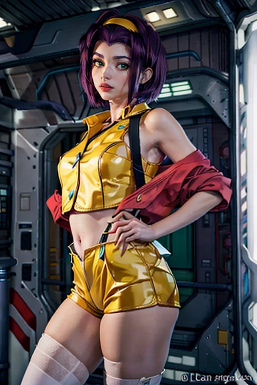 faye valentine, masterpiece , best quality, from cowboy bebop, perfect body, in a spaceship, space background, chin-length angular dark purple hair, green eyes, tall, slender, pale skin, yellow shorts, matching buttoned shirt, white ankle boots, flesh-colored stockings, loose red jacket. frame photo, upper body, looking_at_viewer