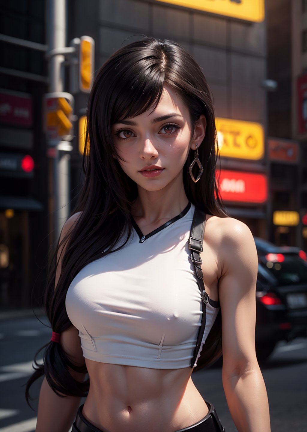 Maximum Quality, upper body, close up, looking at viewer, portrait, 1_girl, cyberpunk, neon lights, shot, scene, Tifa Lockheart, Final Fantasy 7 game, dark hair, pink lips, neck bone, red eyes, midnight, at the city streets background, Alluring, sexy pose, erotic pose, seductive, sweating, tifa lockhart, marked abs, sleeveless white crop top, exposed midriff, black miniskirt, white teardrop earring on her left ear, blush, belt, straps, close-fitting clothing