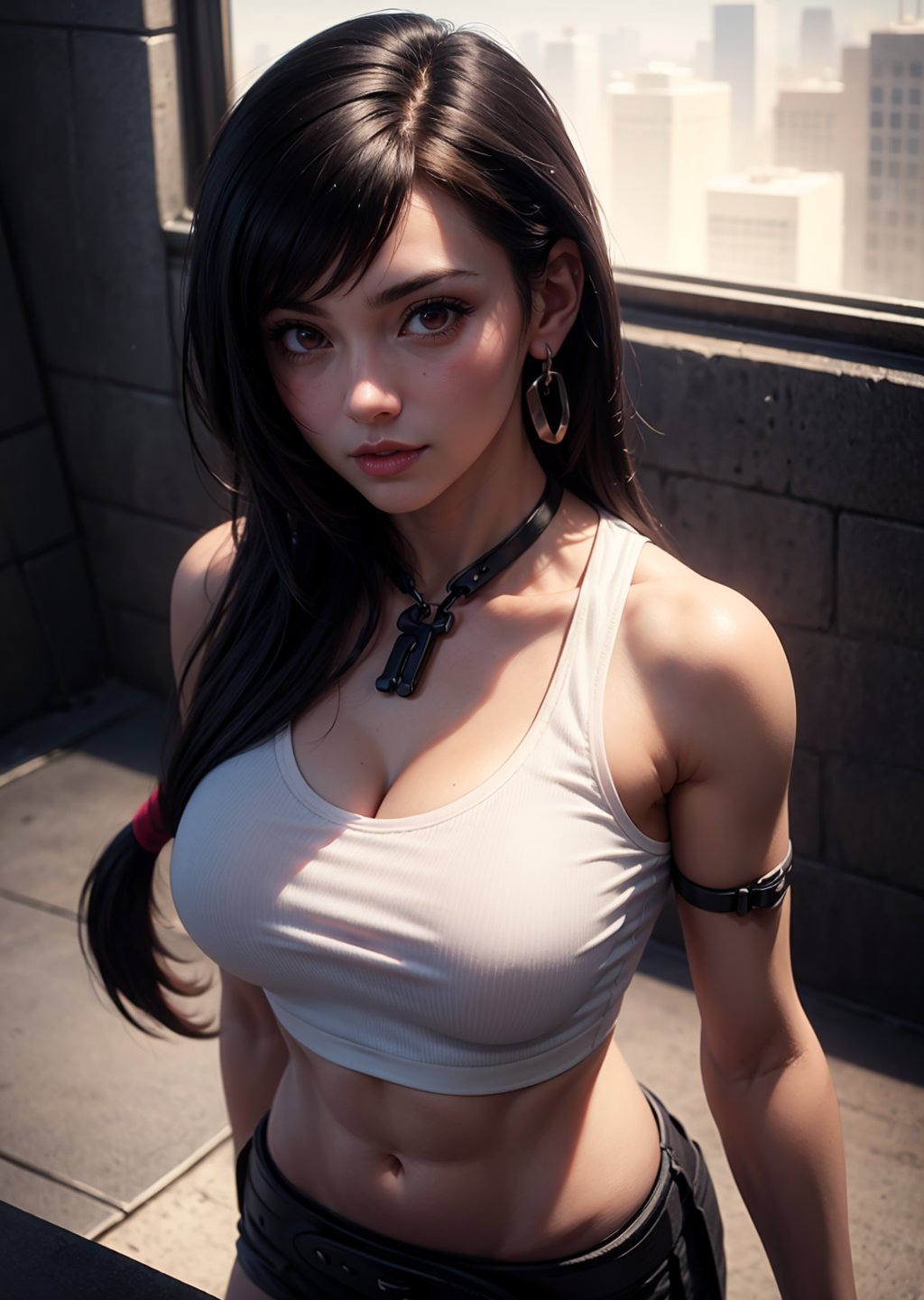 upper body, close up shot, overhead shot, 1_girl, cyberpunk, shot, scene, Tifa Lockheart, Final Fantasy 7 game, dark hair, pink lips, neck bone, red eyes, midnight, at the city, Alluring, sexy pose, erotic pose, sweating, tifa lockhart, marked abs, sleeveless white crop top, exposed midriff, black miniskirt, white teardrop earring on her left ear, blush, belt, straps