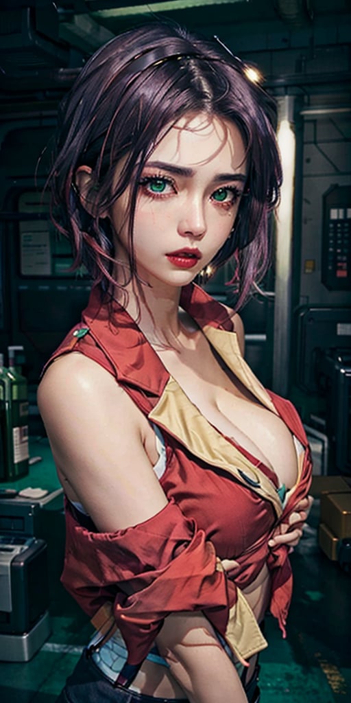 masterpiece, best quality, (detailed background), (beautiful detailed face, beautiful detailed eyes) highres, ultra detailed, masterpiece, best quality, detailed eyes, frown, green_eyes, ,asian girl, upper body, sexy pose, alluring, erotic pose, open mouth, seductive, kinky, close-fitting clothing, neck bone, at the heroes base, midnight, cyberounk scene, neon lights, upper body, 1girl, loose red jacket