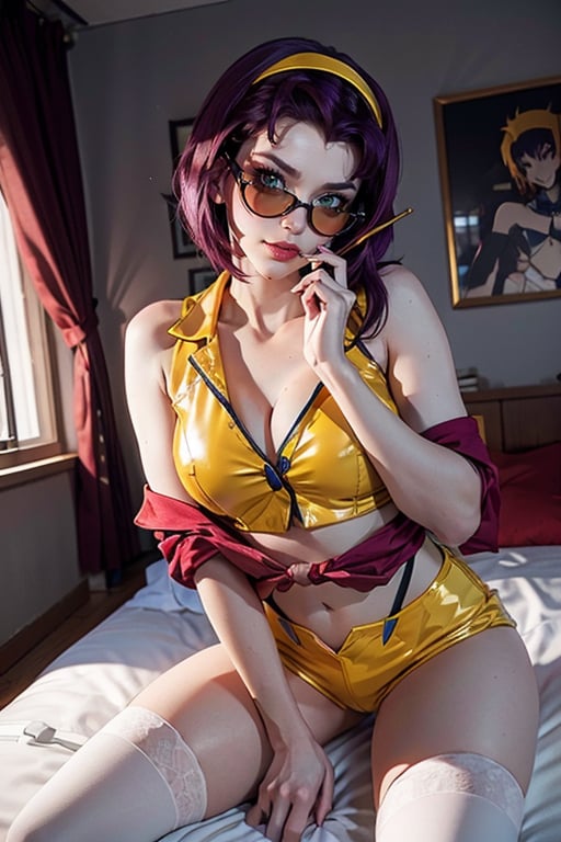 masterpiece, best quality, (detailed background), (beautiful detailed face, beautiful detailed eyes), absurdres, highres, ultra detailed, masterpiece, best quality, detailed eyes, faye valentine, from cowboy bebop, sunset, futuristic bedroom background, chin-length angular dark purple hair, green eyes, tall, slender, pale skin, yellow shorts, matching buttoned shirt, white ankle boots, flesh-colored stockings, loose red jacket, upper body, medium breast, looking_at_viewer, serious, legs_open, smirk, kinki, close up shot, with black square sun glasses, smoking, erotic pose, laying_on_bed