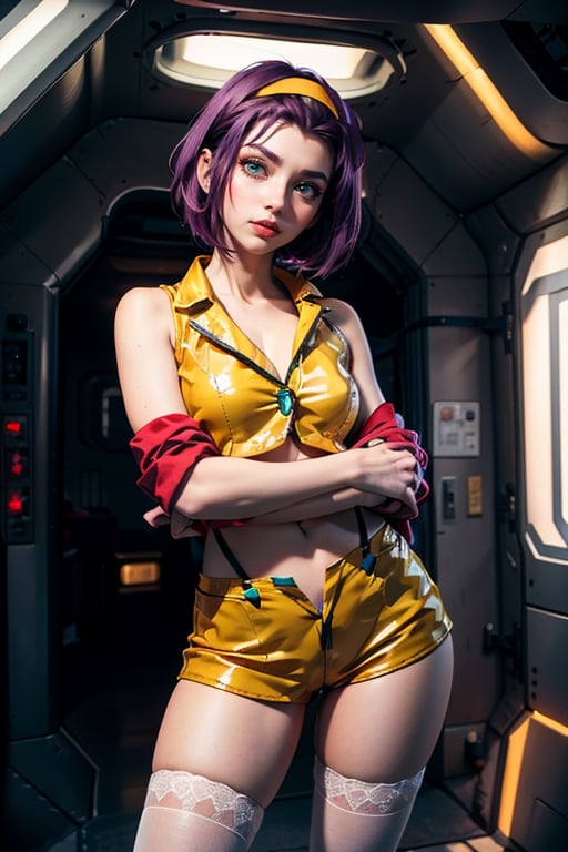 masterpiece, best quality, (detailed background), (beautiful detailed face, beautiful detailed eyes), absurdres, highres, ultra detailed, masterpiece, best quality, detailed eyes, faye valentine, from cowboy bebop, in a spaceship, space background, chin-length angular dark purple hair, green eyes, tall, slender, pale skin, yellow shorts, matching buttoned shirt, white ankle boots, flesh-colored stockings, loose red jacket. frame photo, upper body, looking_at_viewer