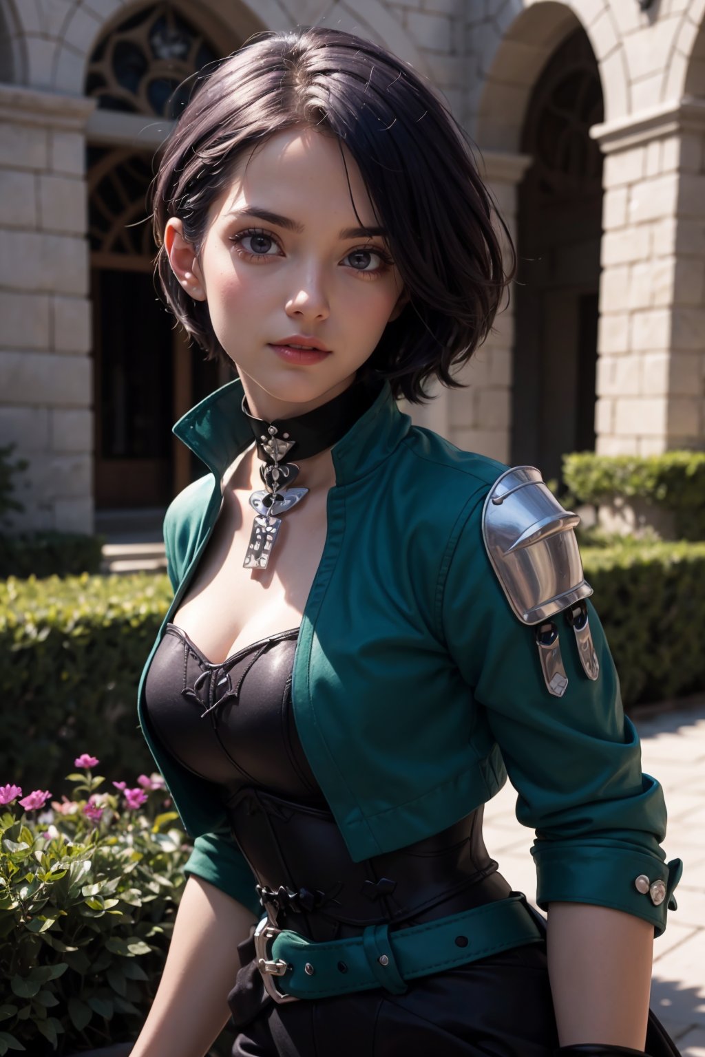 masterpiece, best quality, (detailed background), (beautiful detailed face, beautiful detailed eyes), absurdres, highres, ultra detailed, masterpiece, best quality, detailed eyes, defShamir, collar, shoulder pad, black shirt, black gloves, bodice, green jacket, green belt, black pants, green boots, courtyard, medieval architecture, garden, looking at viewer, serious, upper_body