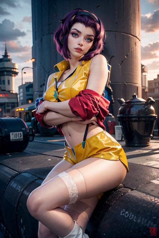 masterpiece, best quality, (detailed background), (beautiful detailed face, beautiful detailed eyes), absurdres, highres, ultra detailed, masterpiece, best quality, detailed eyes, faye valentine, from cowboy bebop, sunset, futuristic city background, chin-length angular dark purple hair, green eyes, tall, slender, pale skin, yellow shorts, matching buttoned shirt, white ankle boots, flesh-colored stockings, loose red jacket, full body, looking_at_viewer, crossed_legs, serious, arms_raised, closed, smirk