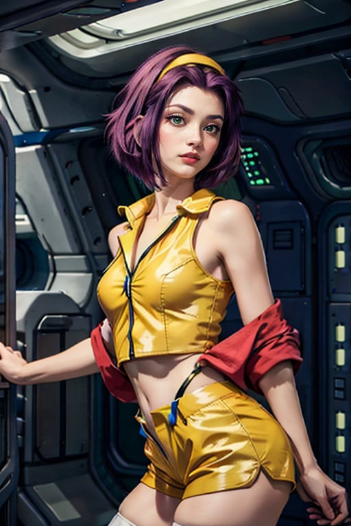 faye valentine, masterpiece , best quality, from cowboy bebop, perfect body, in a spaceship, space background, chin-length angular dark purple hair, green eyes, tall, slender, pale skin, yellow shorts, matching buttoned shirt, white ankle boots, fesh colored stockings, loose red jacket, upper body, looking_at_viewer, close up