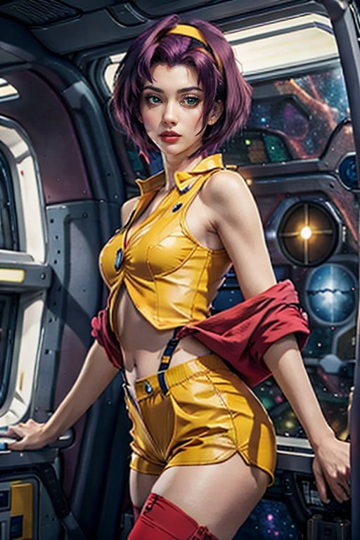 faye valentine, masterpiece , best quality, from cowboy bebop, perfect body, in a spaceship, space background, chin-length angular dark purple hair, green eyes, tall, slender, pale skin, yellow shorts, matching buttoned shirt, white ankle boots, fesh colored stockings, loose red jacket, upper body, looking_at_viewer, close up