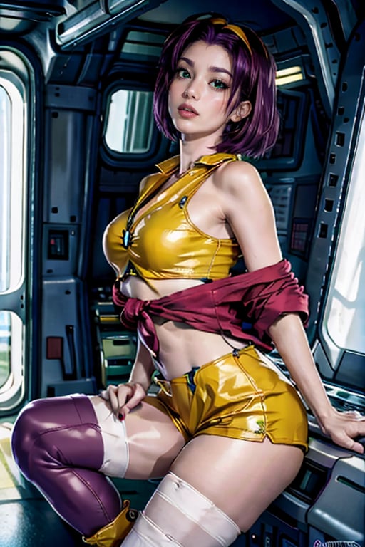 faye valentine, masterpiece , best quality, from cowboy bebop, perfect body, in a spaceship, space background, chin-length angular dark purple hair, green eyes, tall, slender, pale skin, yellow shorts, matching buttoned shirt, white ankle boots, brown colored stockings, loose red jacket, upper body, looking_at_viewer, bending back, lying down