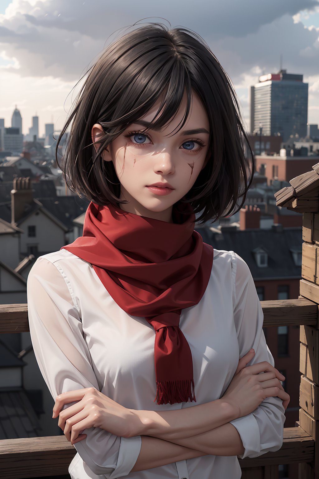 masterpiece, best quality, (detailed background), (beautiful detailed face, beautiful detailed eyes), absurdres, highres, ultra detailed, masterpiece, best quality, detailed eyes, gray_eyes, black hair, crossed_arms, folded arms, upper body, close-fitting clothing, neck bone, at the city, on top of a building, midnight, neon lights, tall, well-toned woman, pale skin, gray eyes, shaggy black hair cut to the chin, longer bangs, small scar below her right eye, scar on right cheek, marked abs, marked v, guiltys, original Survey Corps uniform, white blouse underneath, red scarf ,guiltys