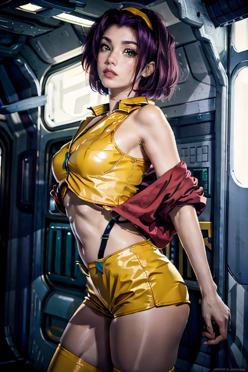 faye valentine, masterpiece , best quality, from cowboy bebop, perfect body, in a spaceship, space background, chin-length angular dark purple hair, green eyes, tall, slender, pale skin, yellow shorts, matching buttoned shirt, white ankle boots, brown colored stockings, loose red jacket, upper body, looking_at_viewer, bending back, close up shot