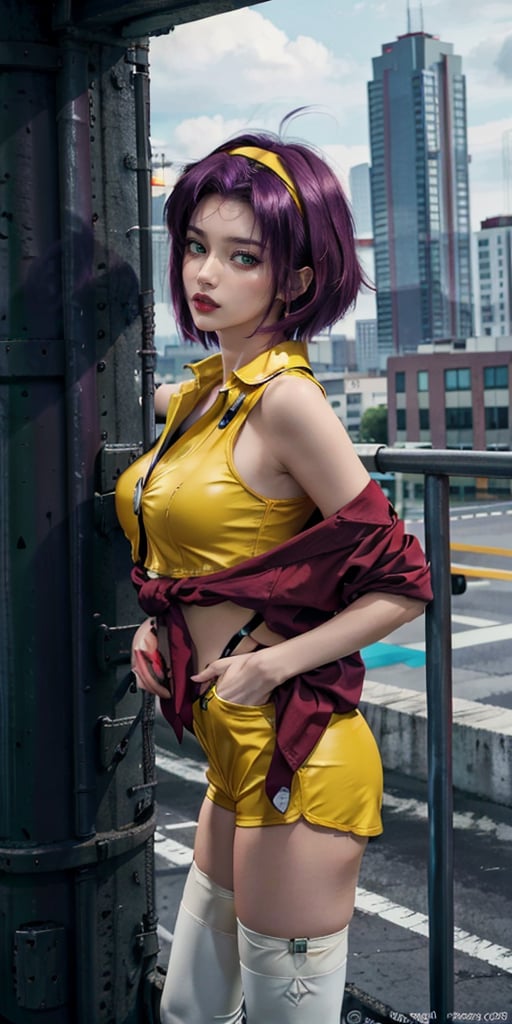 maximum quality, faye valentine, from cowboy bebop, perfect body, in a city, futuristic background, chin-length angular dark purple hair, green eyes, tall, slender, pale skin, yellow shorts, matching buttoned shirt, white ankle boots, fesh colored stockings, loose red jacket, upper body, from side,Rogue