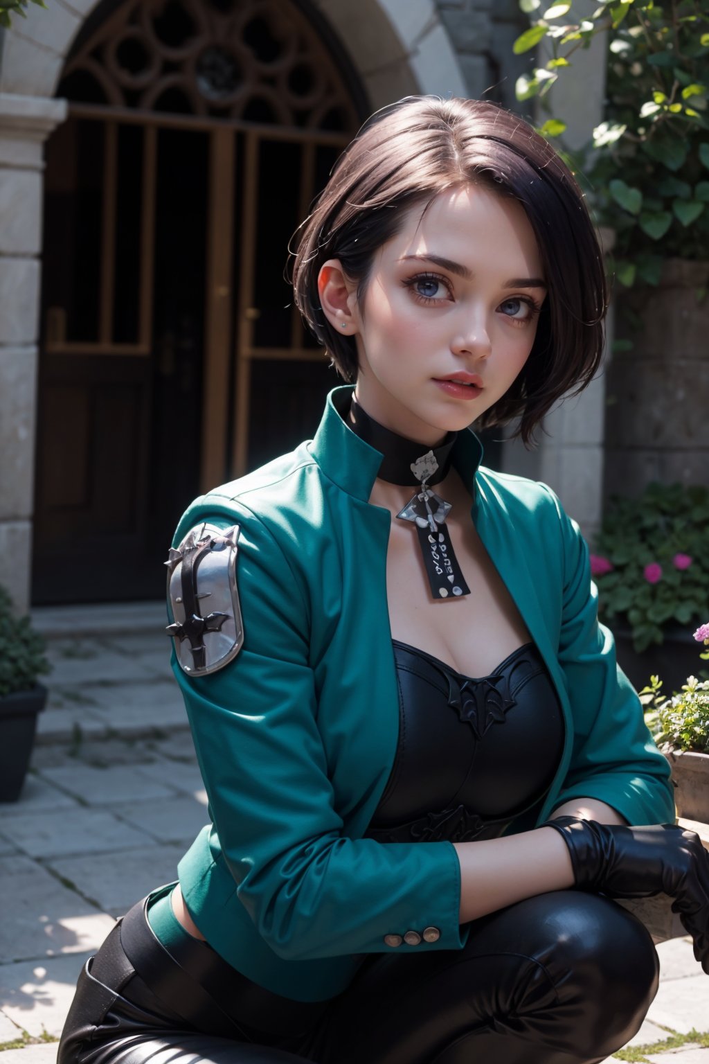 masterpiece, best quality, (detailed background), (beautiful detailed face, beautiful detailed eyes), absurdres, highres, ultra detailed, masterpiece, best quality, detailed eyes, defShamir, collar, shoulder pad, black shirt, black gloves, bodice, green jacket, green belt, black pants, green boots, courtyard, medieval architecture, garden, looking at viewer, serious, upper_body