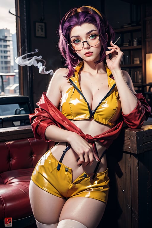 masterpiece, best quality, (detailed background), (beautiful detailed face, beautiful detailed eyes), absurdres, highres, ultra detailed, masterpiece, best quality, detailed eyes, faye valentine, from cowboy bebop, sunset, futuristic city background, chin-length angular dark purple hair, green eyes, tall, slender, pale skin, yellow shorts, matching buttoned shirt, white ankle boots, flesh-colored stockings, loose red jacket, upper body, looking_at_viewer, serious, closed, smirk, kinki pose, close up shot, with black frame square sun glasses, smoking cigar, erotic, lying_down 