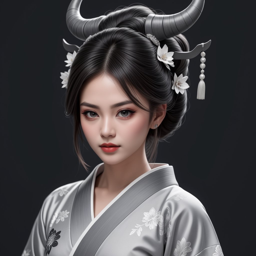 ONI, ONI girl, female ONI, face only, line art portrait, hand drawing portrait, realictic, hand drawing, pencil art, line art, photorealistic, monochrom, grey scale, high res, hyper sharp, HD render, best quality, masterpiece, oni horns, wearing a fusion of  Japanese kimono dress and wedding dress, ,<lora:659095807385103906:1.0>