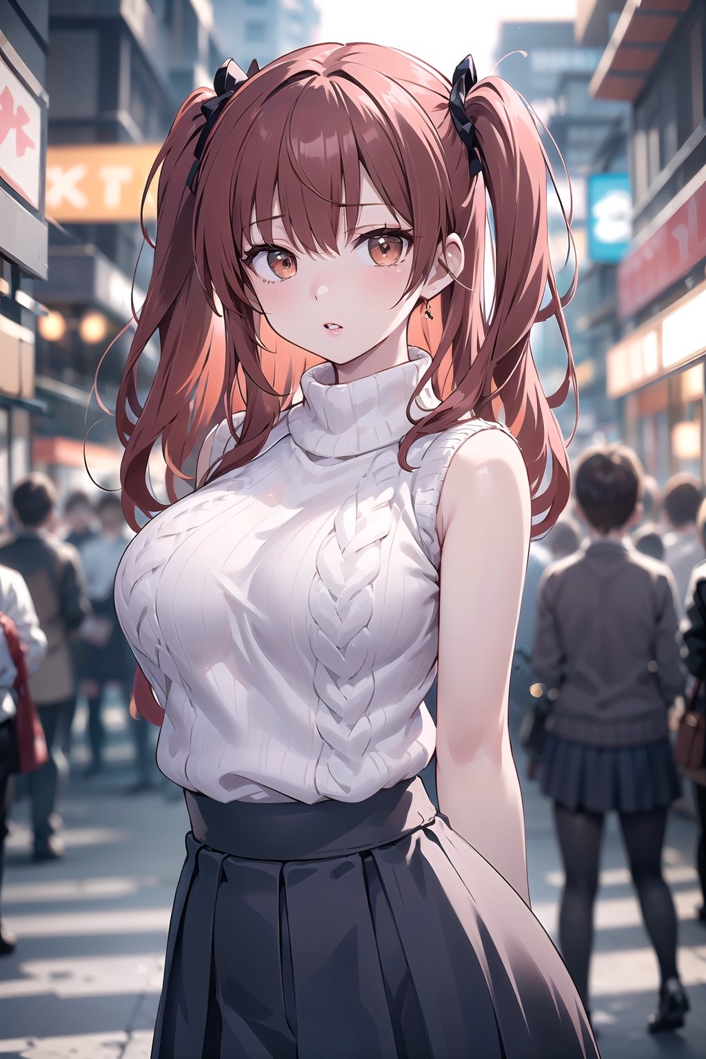 (masterpiece, top quality, best quality, official art, beautiful and aesthetic:1.2), hdr, high contrast, 1girl, solo, orange hair, two side up hair, looking at viewer, brown eyes, anime waifu, upper body, parted lips, busty, blurry, lips, film noir, fantasy, dynamic, standng with arms behind back, noir, mafia, yakuza, ((sleeveless knitwear, skirt:1.4)),(urban theme:1.4), finger detailed, background detailed, ambient lighting, extreme detailed, cinematic shot, realistic ilustration, (soothing tones:1.3), (hyperdetailed:1.2), 