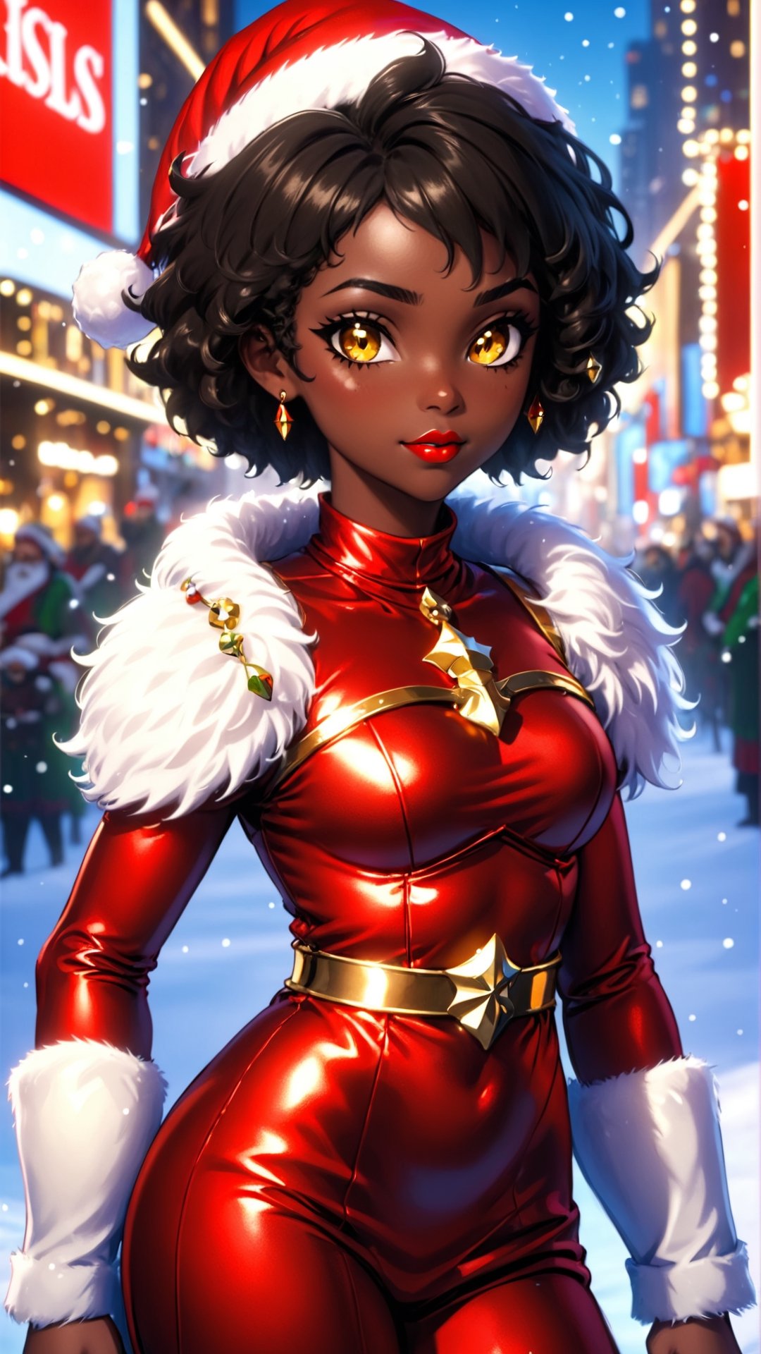 anitoon style, solo, dark skin, 1girl, yellow eyes, jewelry, black hair, short hair, dark-skinned female, makeup, lipstick, looking at viewer, curly hair, Fusion of medieval armor and santa costume, ring earing, gold neckless, gold buncles, fluffy fur dress, red dress, sleeveless, highneck, Times Square Garden, Night, Christmas, ,ral-chrcrts,christmas