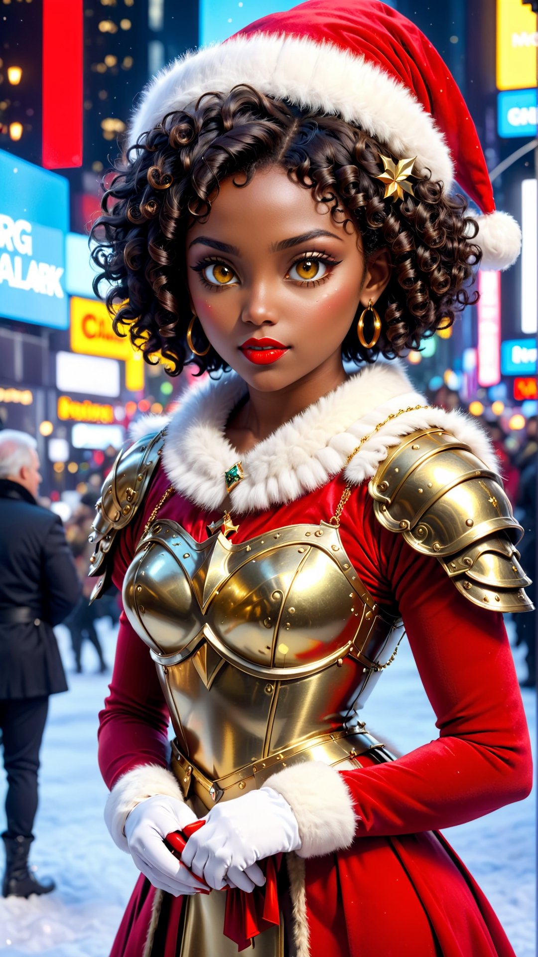 anitoon style, solo, dark skin, 1girl, yellow eyes, jewelry, black hair, short hair, dark-skinned female, makeup, lipstick, looking at viewer, curly hair, Fusion of medieval armor and santa costume, fur clork, ring earing, gold neckless, gold buncles, fluffy fur dress, red dress, sleeveless, highneck, Times Square Garden, Night, Christmas, ,ral-chrcrts,christmas