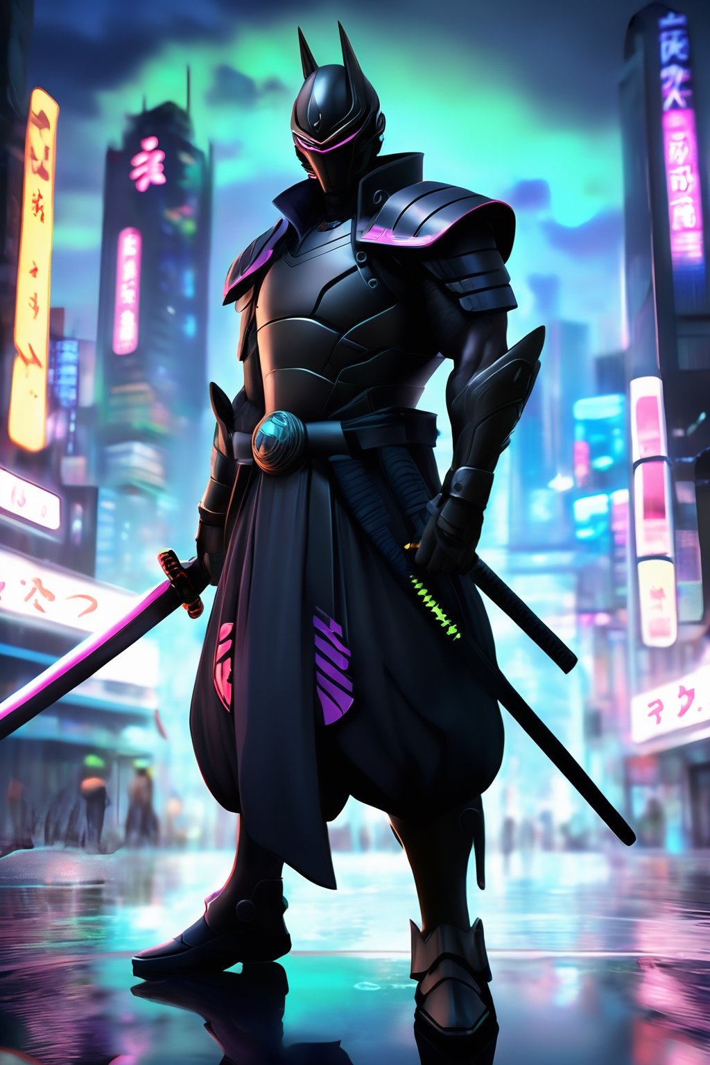 A captivating illustration of Kurogane, the Japanese black samurai, standing tall amidst the neon-lit streets of a futuristic, dystopian cityscape. His sleek ebony armor is adorned with neon accents, and he wields a plasma katana with expert precision. The background reveals a gritty urban landscape with towering skyscrapers and holographic advertisements. The overall atmosphere is a blend of cyberpunk and samurai aesthetics, with a sense of honor and justice prevailing in the face of chaos and uncertainty.