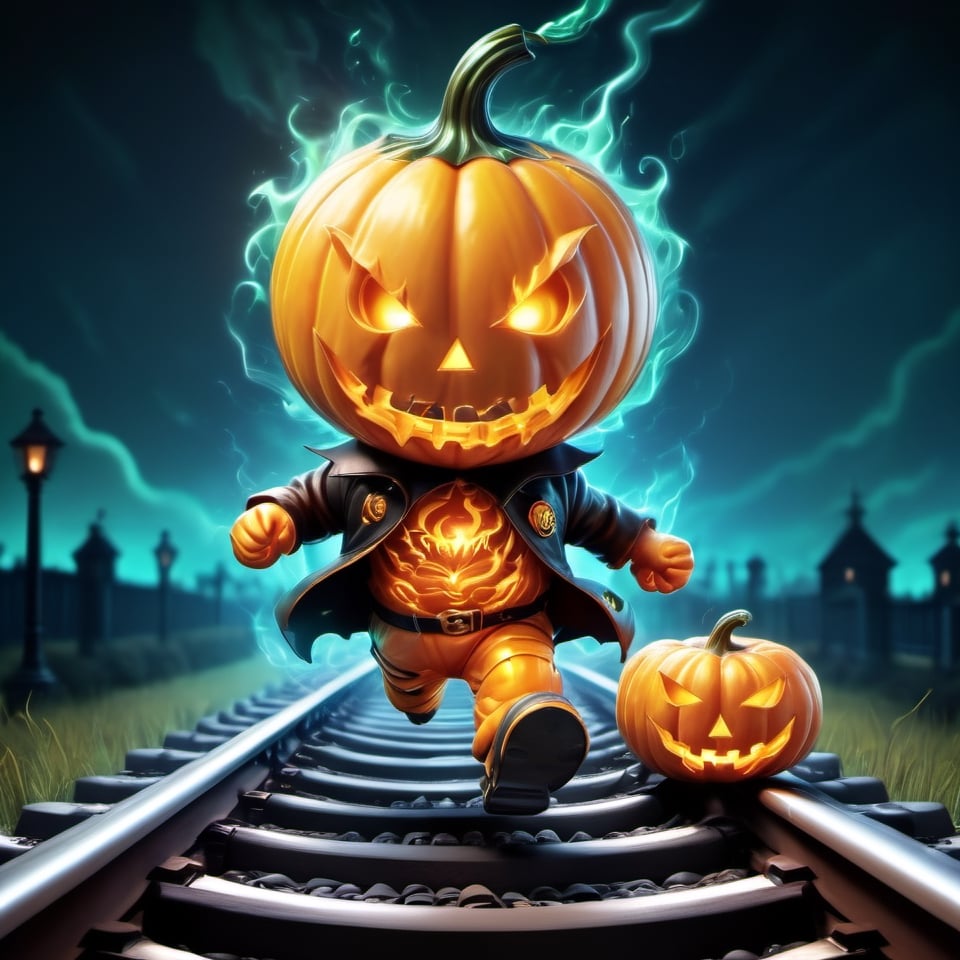 (halloween theme:1.5), (jack O'lantern:1.5), (pumpkin:1.5), (burning Jack O'lantern:1.5), (chibi emote:1.3), (chibi character:1.3), (runnning:1.5), (railway:1.5), 