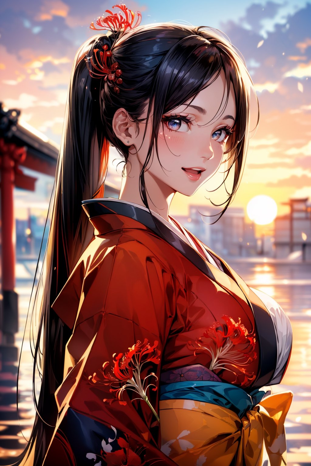 (1red kimono girl:1.3, solo), (kimono model), (upper body:1.3), (She walks along the dimly lit path of the riverbank.:1.2), (random posing:1.3), (Against a backdrop filled with a vast expanse of pale red spider lilies, girl stands wearing a kimono patterned with the same flowers:1.2), 
BREAK, 
1girl, solo, milf, hot model, (attractive model:1.37), (promotional model:1.2), highly detailed eyes and pupils, realistic skin, ((attractive body, gigantic breast:1.38, disproportionate breasts:1.38, thin waist:1.15)), medium-length thin hair, ((pony-tail hair style:1.3), (shiny-black hair:1.3), extremely detailed hair, delicate sexy face, sensual gaze, shiny lips, 
BREAK, 
(red kimono:1.3), (japanese clothes:1.3), detailed clothes, 
BREAK, 
(outdoor:1.2), (Red spider lily:1.4), (blurry background:1.25, simple background, no-human background, detailed background), (under sunset:1.37), 
BREAK, 
((realistic, super realistic, realism, realistic detail)), perfect anatomy, perfect proportion, hyper sharp image, (attractive emotion, seductive smile:1.2, happy:1.2, blush:1.2, :d:1.2, :p:1.2), ((4fingers and thumb:1.2)), perfect human hands, wind, 
BREAK,
 (Masterpiece, best quality, photorealistic, highres, photography, :1.3), ultra-detailed, sharp focus, professional photo, commercial photo,