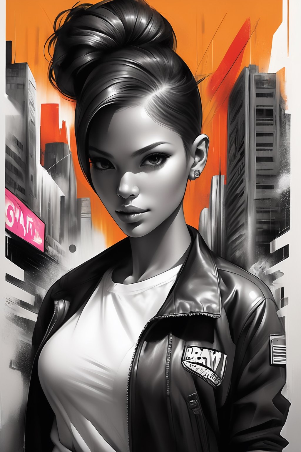 A mesmerizing pencil art illustration of a female portrait, masterfully blending the rebellious energy of street art with the grace of classical portraiture. The subject's eyes are full of confidence and strength, framed by a hairstyle reminiscent of urban culture. Her outfit is a harmonious blend of casual and sophisticated elements, reflecting her unique style. The vivid cityscape in the background features graffiti-covered walls and dynamic shapes, accentuating the subject's allure. The artwork captures the essence of individuality and self-expression, celebrating the rich tapestry of modern society.