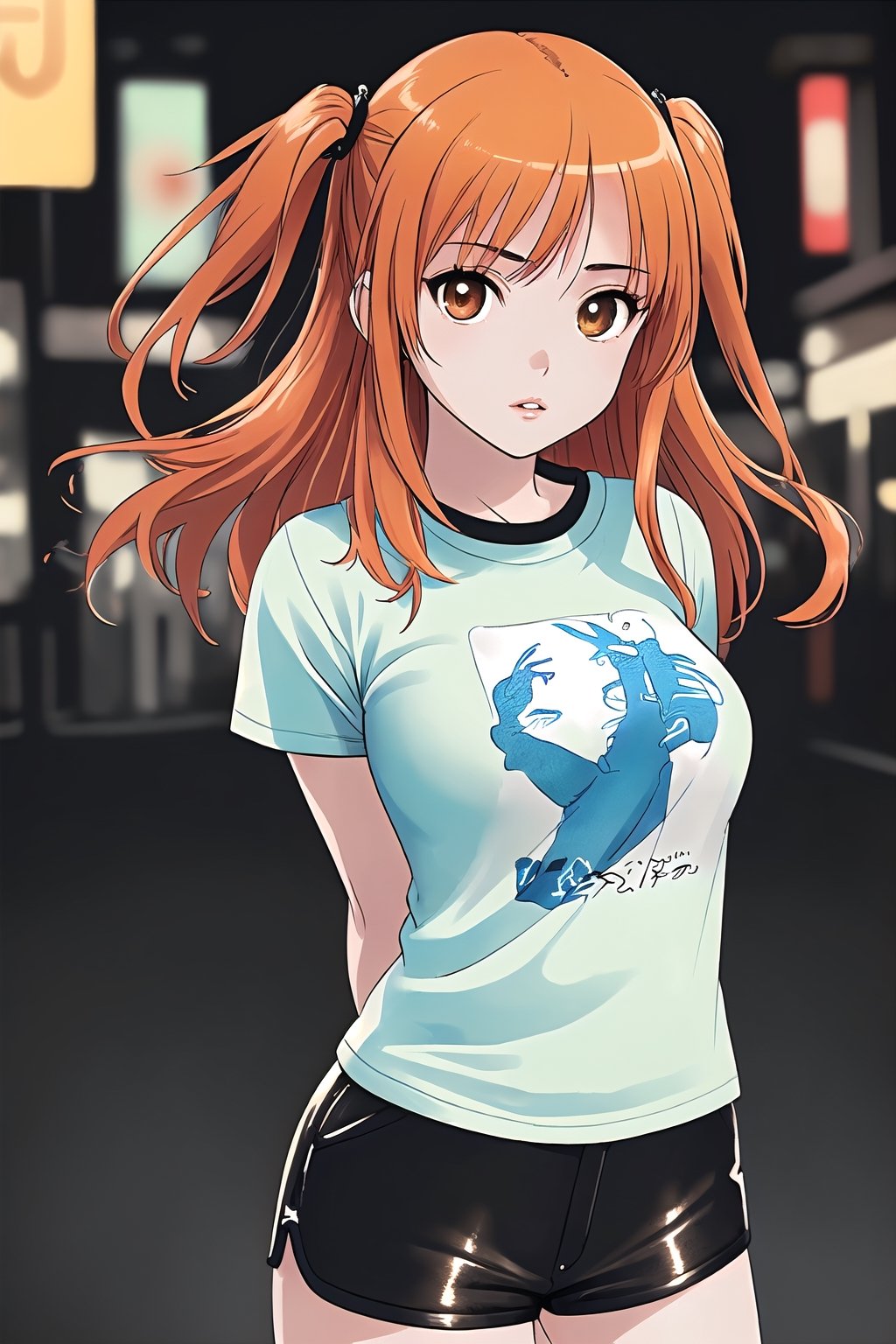 (masterpiece, top quality, best quality, official art, beautiful and aesthetic:1.2), hdr, high contrast, 1girl, solo, orange hair, two side up hair, looking at viewer, brown eyes, anime waifu, upper body, parted lips, busty, blurry, lips, film noir, fantasy, dynamic, standng with arms behind back, noir, mafia, yakuza, ((T shirt, leather shorts:1.4)),(urban theme:1.4), finger detailed, background detailed, ambient lighting, extreme detailed, cinematic shot, realistic ilustration, (soothing tones:1.3), (hyperdetailed:1.2), 