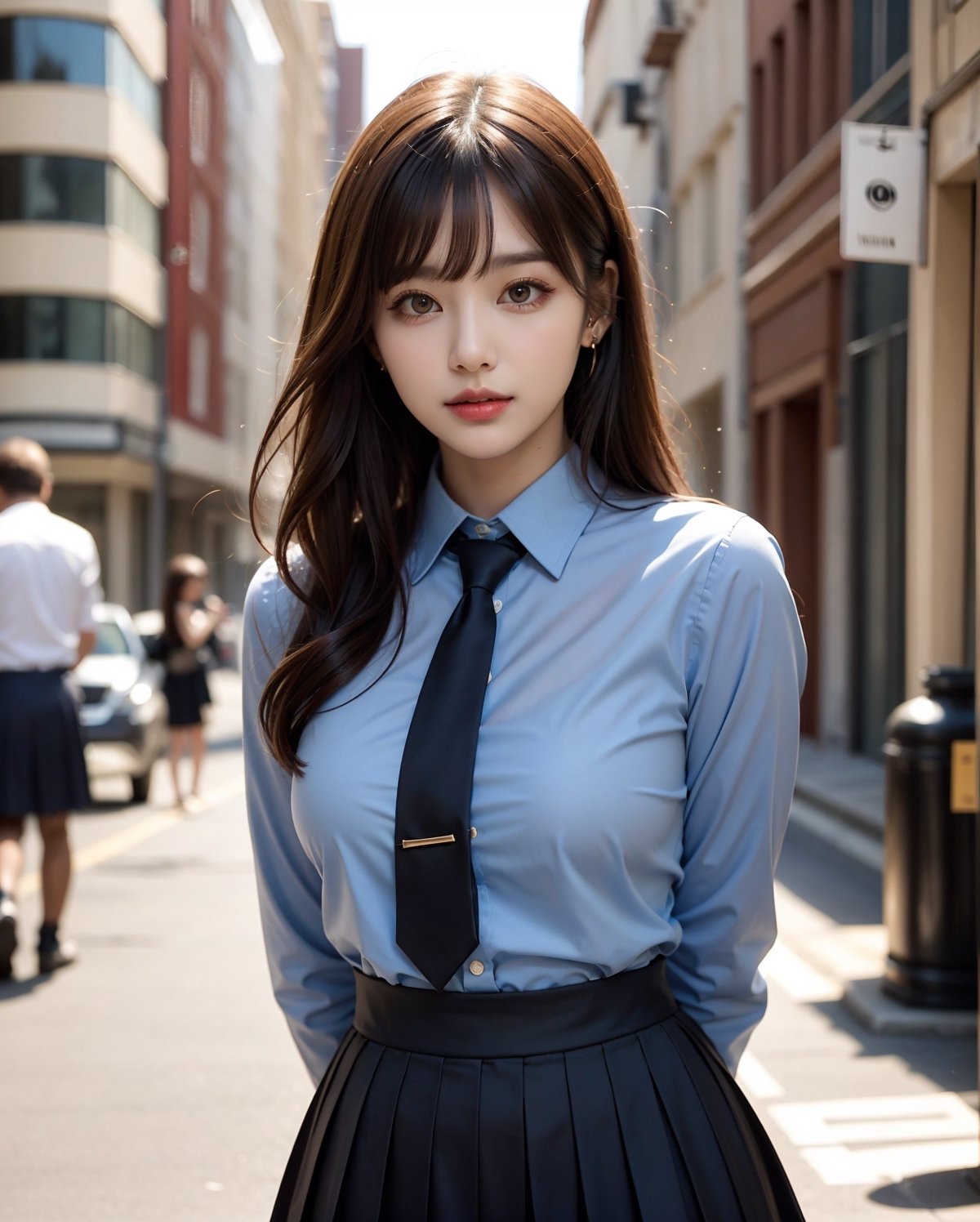 1girl, solo, medium hair, looking at viewer, bangs, large breasts, black hair, straight hair, brown eyes, standing with arms behind back, light blue collared shirt, long sleeve, cowboy shot, black formal tie, blue shirt, lips, black pleated skirt, makeup, girly style, school girl look, arms behind back, realistic, black skirt, in city, stanidng with arms behind back, busty, skinny, 