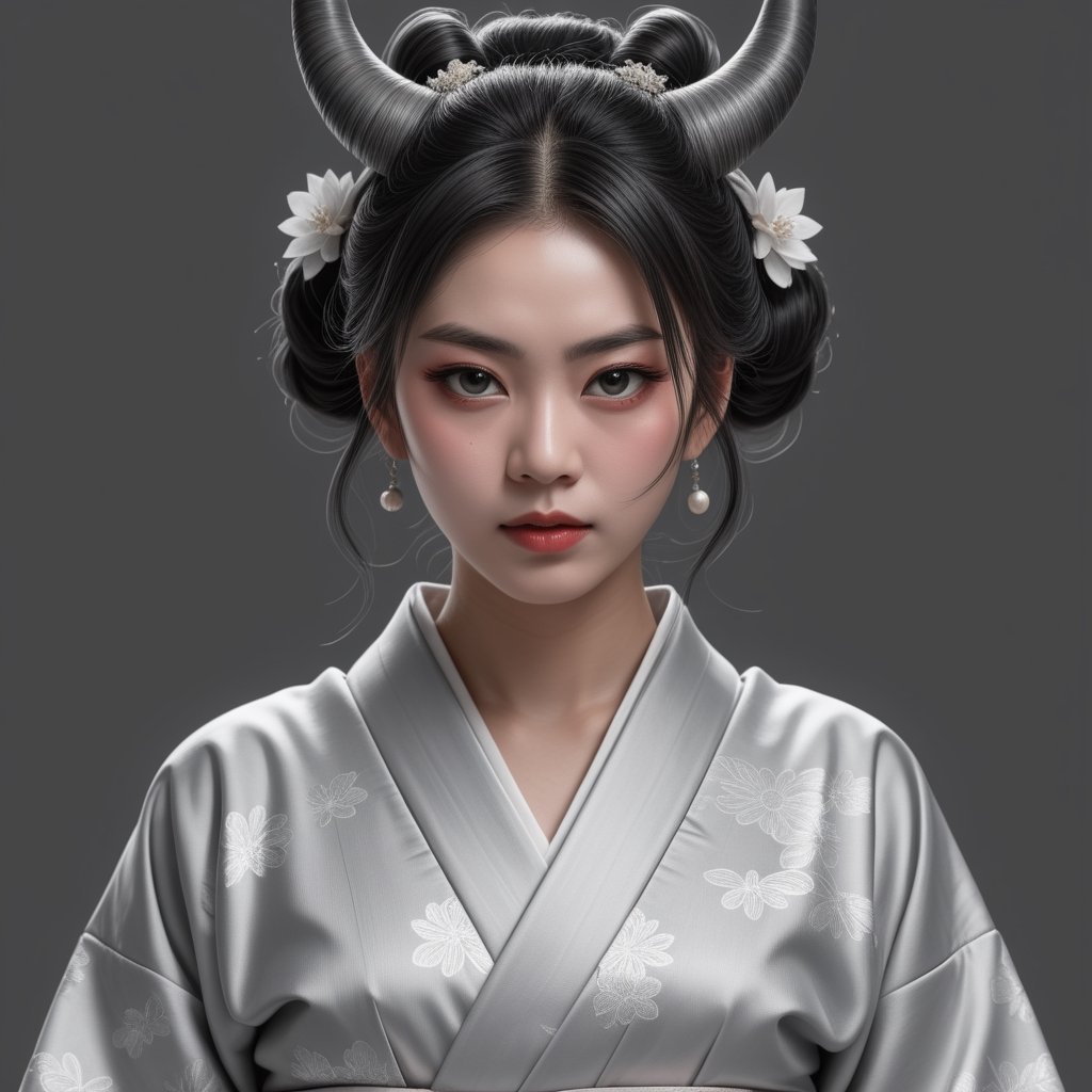 ONI, ONI girl, female ONI, face only, line art portrait, hand drawing portrait, realictic, hand drawing, pencil art, line art, photorealistic, monochrom, grey scale, high res, hyper sharp, HD render, best quality, masterpiece, oni horns, wearing a fusion of  Japanese kimono dress and wedding dress, ,<lora:659095807385103906:1.0>