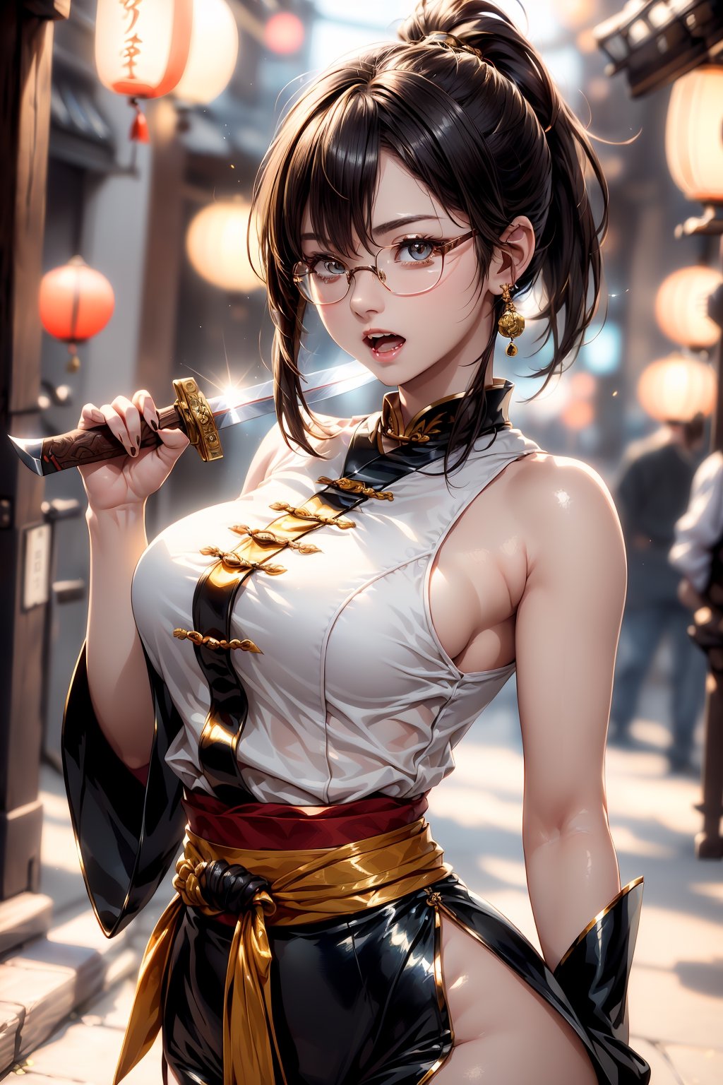 (1girl:1.3, solo), (a extremely pretty and beautiful girl), (Taoist:1.3), (tenten:1.3), (25years old:1.0), (holding a wooden sword and a yellow bill:1.3), (fighting posing:1.3), (looking straight at you:1.3), (starring at you:1.3), (front view:1.3), 
break,
(ponytail:1.3), (shiny -black thin hair:1.2), bangs, (wearing a glasses:1.5), dark brown eyes, beautiful eyes, princess eyes, (big eyes:1.3), bangs, Hair between eyes, short hair:1.3, (slender:1.1 ), (small-medium-breasts:0.95), (thin waist: 1.15), (detailed beautiful girl: 1.4), Parted lips, Red lips, full-make-up face, (shiny skin), ((Perfect Female Body )) , (cowboy shot:1.3), Perfect Anatomy, Perfect Proportions, (most beautiful Korean actress face:1.3, extremely cute and beautiful Japanese actress face:1.3), (surprised, open mouth, scream)
BREAK,
(View viewer, wearing an ancient traditional Taoist uniform, (detailed elegant outfit:1.3), (red taoist uniform:1.3), detailed clothes,
BREAK,
(simple white background), (Studio soft lighting: 1.3), (fake lights: 1.3), (backlight: 1.3), BREAK, (Realistic, Photorealistic: 1.37), (Masterpiece, Best Quality : 1.2), (Ultra High Resolution: 1.2 ), (RAW Photo: 1.2), (Sharp Focus: 1.3), (Face Focus: 1.2), (Ultra Detailed CG Unified 8k Wallpaper: 1.2), (Beautiful Skin: 1.2) , (pale Skin: 1.3), (Hyper Sharp Focus: 1.5), (Ultra Sharp Focus: 1.5), (Beautiful pretty face: 1.3), (super detailed background, detail background: 1.3), Ultra Realistic Photo, Hyper Sharp Image , Hyper Detail Image,