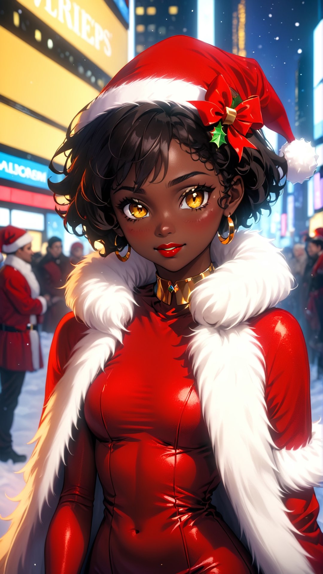 anitoon style, solo, dark skin, 1girl, yellow eyes, jewelry, black hair, short hair, dark-skinned female, makeup, lipstick, looking at viewer, curly hair, bare_top_velvet dress, santa costume, ring earing, gold neckless, gold buncles, fluffy fur dress, red dress, sleeveless, highneck, Times Square Garden, Night, Christmas, ,ral-chrcrts,christmas