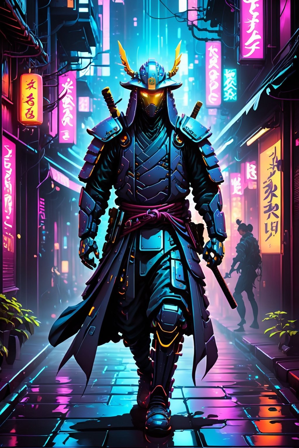 In the dystopian urban sprawl, envision a cybernetically enhanced street samurai, adorned in high-tech armor, striding through neon-lit alleyways. A cascade of shadows and vibrant lights plays upon the gleaming blades and cybernetic implants, defining a modern warrior's silhouette. Imagine the contrast of traditional samurai aesthetics seamlessly blended with futuristic cyberpunk elements, creating a visual narrative of resilience and adaptability amidst the chaos of the metropolis. This prompt invites the generation of a hyper-realistic image, encapsulating the essence of a street samurai navigating the gritty streets, a symbol of tradition and cutting-edge technology coexisting in a captivating amalgamation.,LegendDarkFantasy