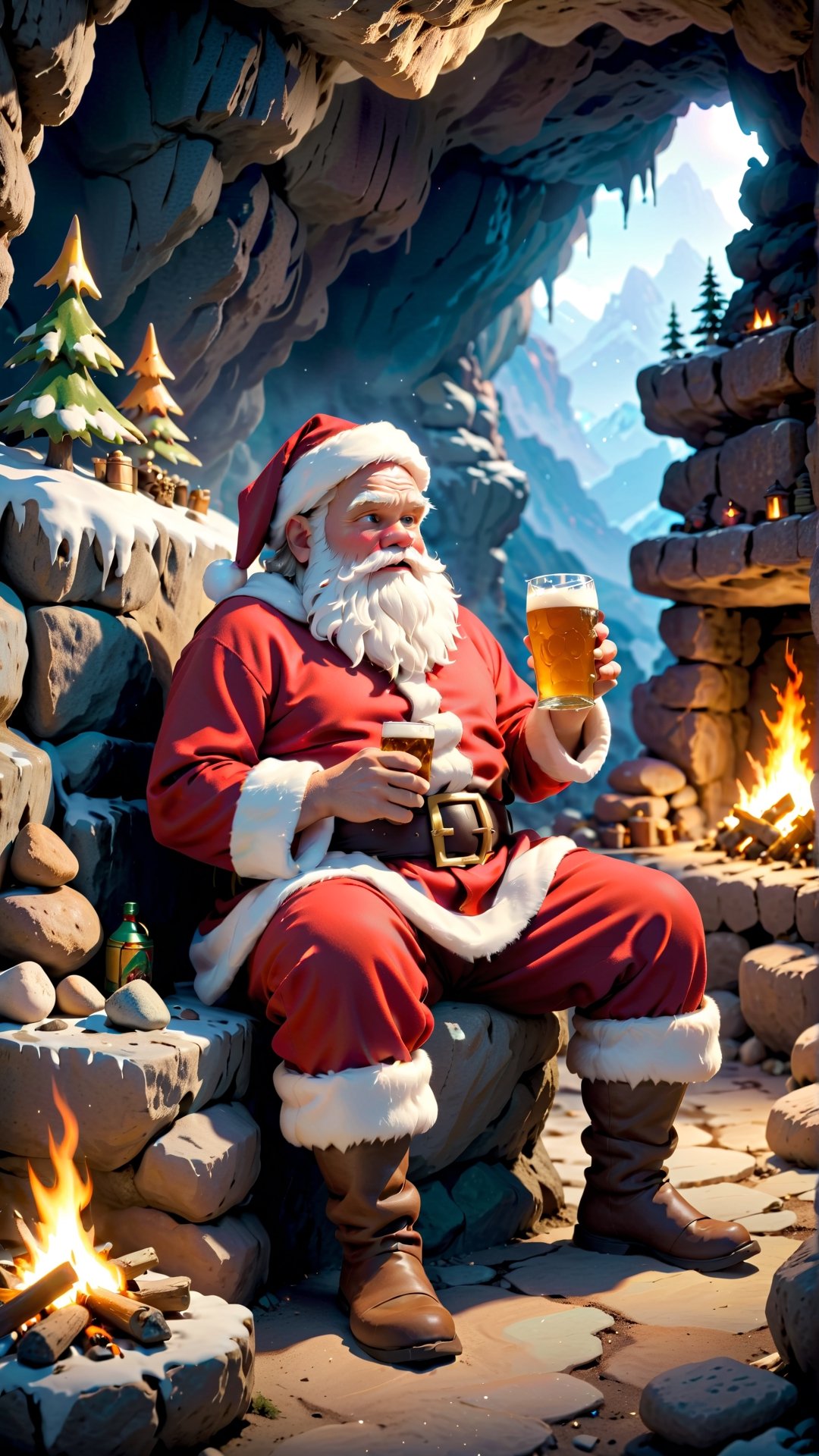 ((a caveman style santa)), sitting on a stone in the cave, drinking beer, bonfire made of stones, christmas,Epic Caves, epic, 8k, high resolution,more detail XL,christmas,SANTA CLAUS