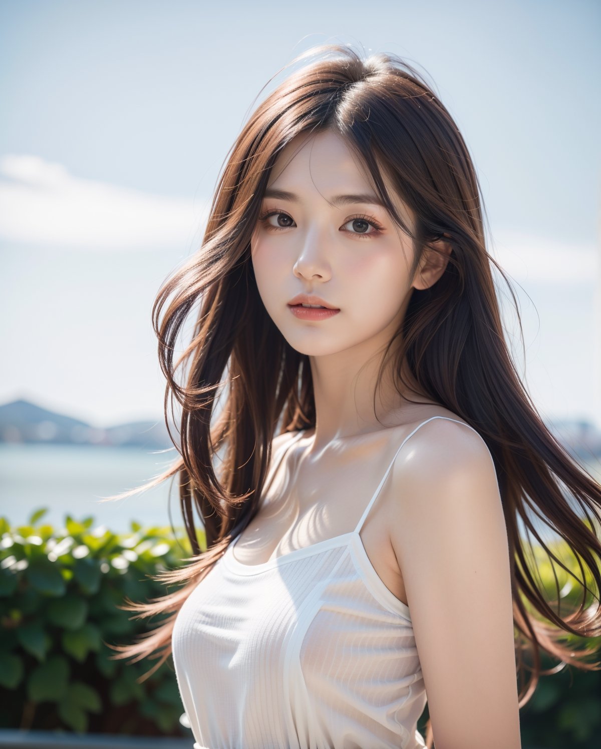 long windblown hair, long windblown hair,(4k, RAW photo, best quality, masterpiece:1.2),ultra high res,(photo realistic:1.2),High detail RAW color photo,professional photograph,(realistic, photo realistic:1.4),((best quality)),japanese girl, wearing a camisole dress,