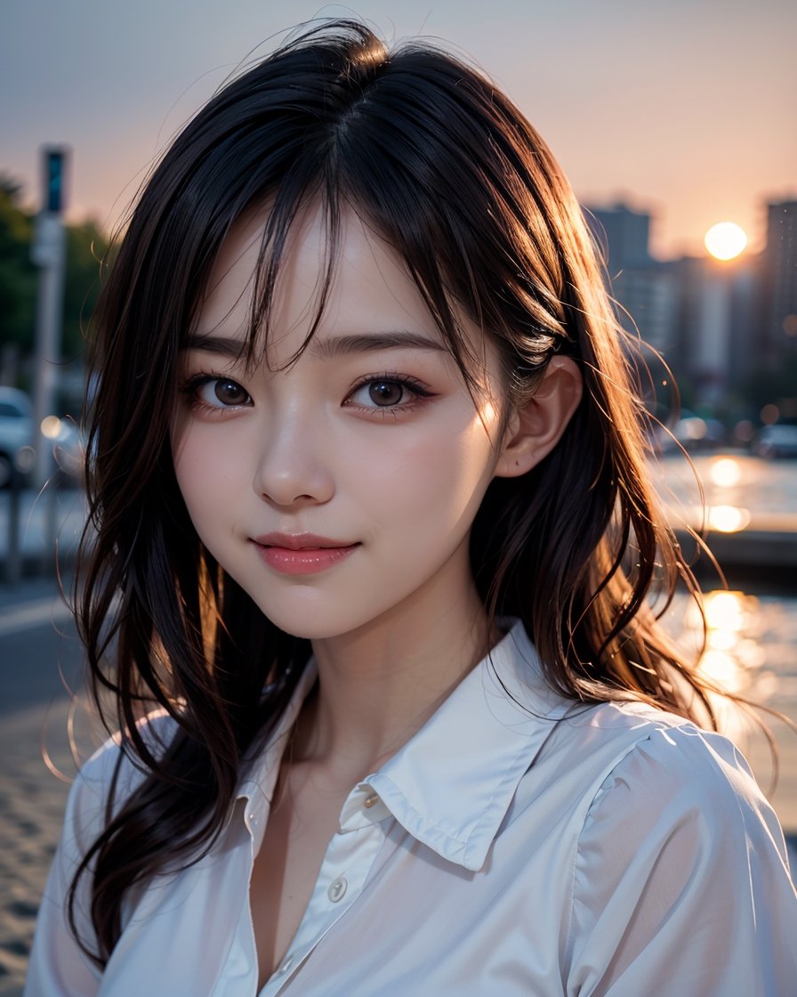 1girl, busty, high res, portrait, small round face, busty, bright smile, Korean hot model, 25yo, pale skin, black wavy hair, sunset, sunset scenery, wearing a french maid costume, cutefirlmix, ,Asian, 8k, medium quality, masterpiece, sharp focus, face focus, 