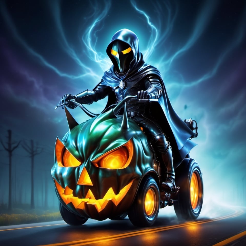 (halloween theme:1.5), (Vehicle:1.5), (Headless Horseman:1.5), (Driving:1.5), (headless horseman driving forse shape futuric vehicle at  highway:1.5), chibi emote, chibi caracter, halloween night, 