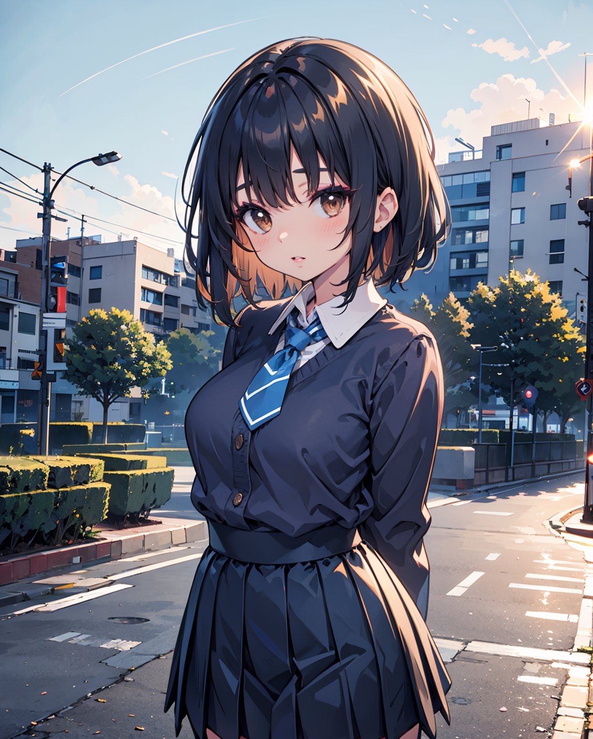 1girl, solo, medium hair, looking at viewer, bangs, large breasts, black hair, straight hair, brown eyes, standing with arms behind back, light blue collared shirt, long sleeve, cowboy shot, black formal tie, blue shirt, lips, black pleated skirt, makeup, girly style, school girl look, arms behind back, realistic, black skirt, in city, stanidng with arms behind back, busty, skinny, chibie emote, 